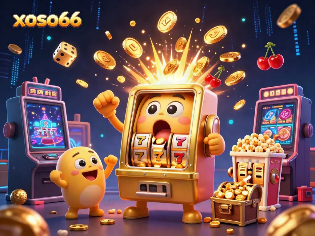 Spin the jackpot at xoso66 with vibrant slot machines and coins cascading in celebration.