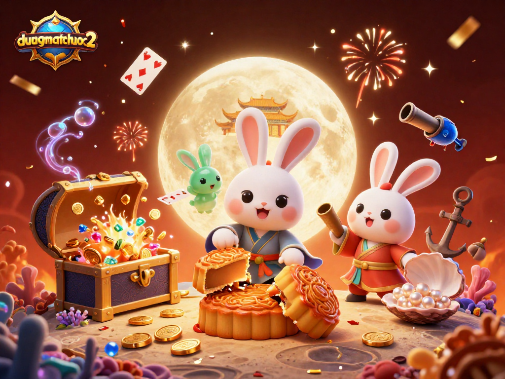 Join the fun at duongmatchuoc2 with a cartoon moon rabbit revealing poker chips on a lunar surface.