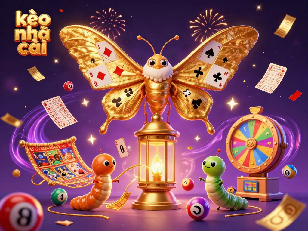 Engaging kèo nhà cái illustration featuring vibrant lottery elements, a golden butterfly, and celebratory effects.