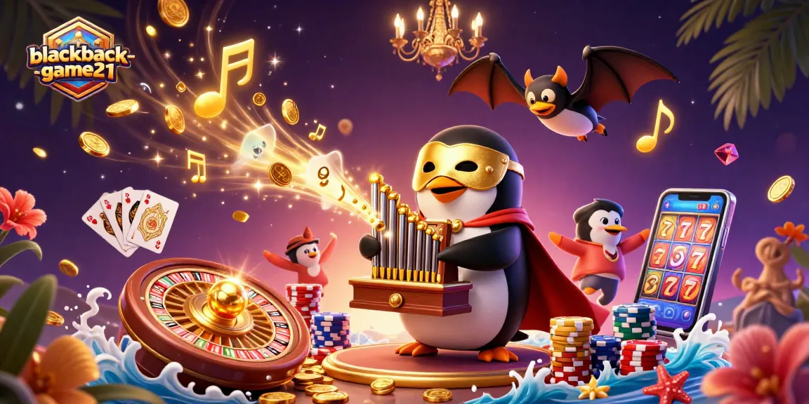 Experience the excitement of blackjack-game21 as a penguin plays the organ shooting coins while the atmosphere sparkles.