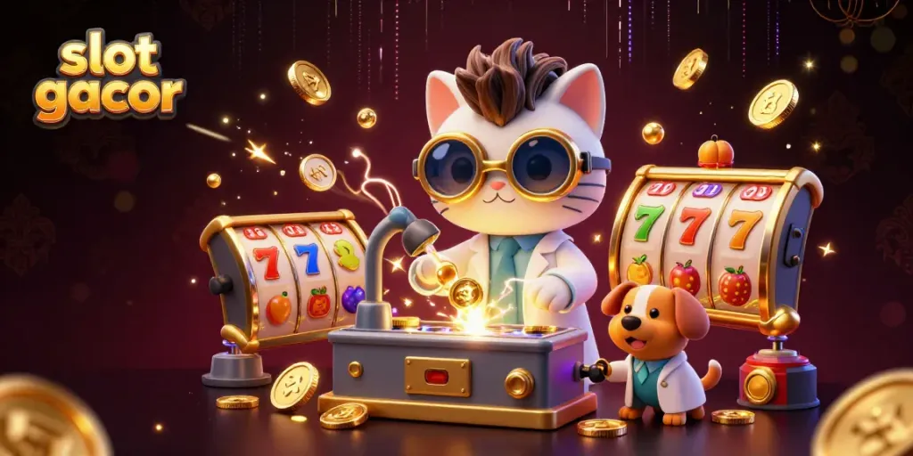 Experience thrilling slot gacor action with our mad scientist and his canine companion in a magical casino lab.