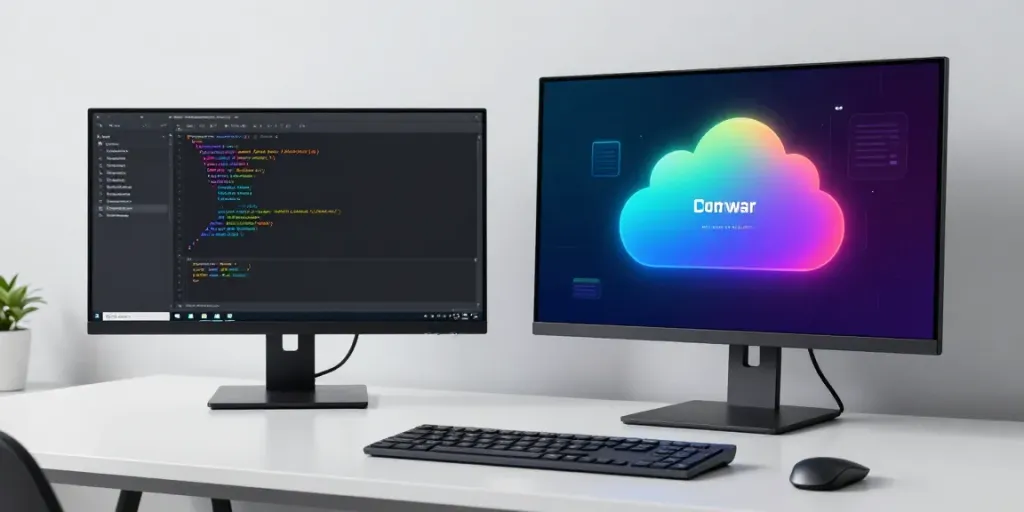 Buy .co.uk domain in a modern tech workspace with coding and cloud platforms.