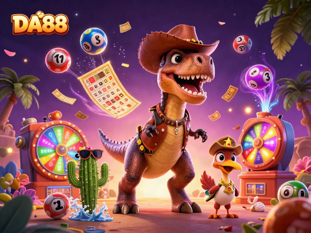 Experience the thrilling action of DA88 with a playful T-Rex cowboy and vibrant casino elements.