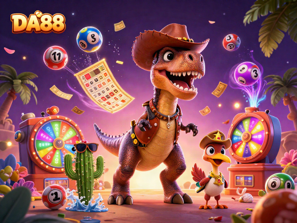 Experience the thrilling action of DA88 with a playful T-Rex cowboy and vibrant casino elements.