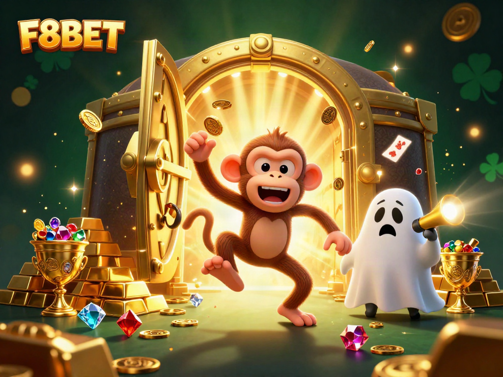 Experience the thrilling adventure of F8BET with a playful ghost-hunter puppy and mischievous monkey in a vibrant casino setting.
