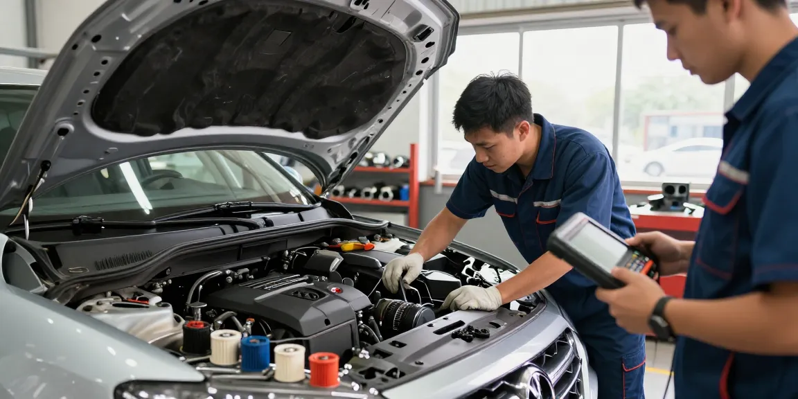 Auto consuma troppo? Mechanic diagnosing excessive fuel consumption in a garage.