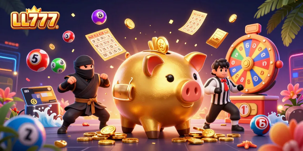 Experience thrilling gameplay at LL777 with a dynamic scene featuring a golden piggy bank and lively lottery elements.