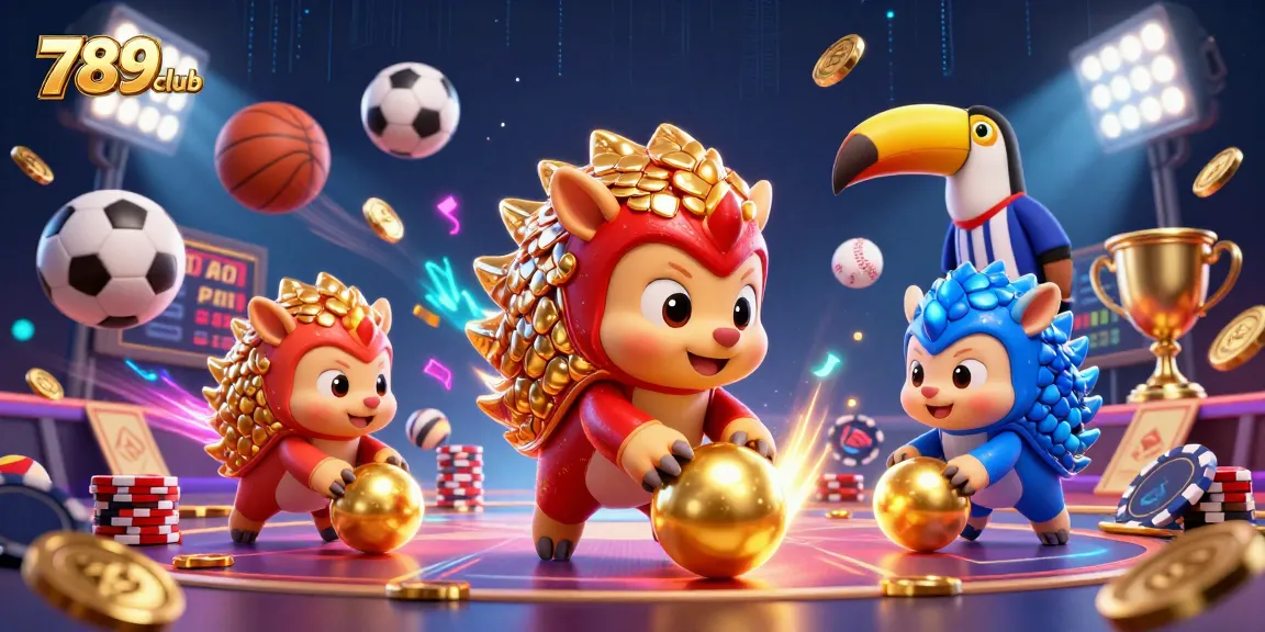 Compete in thrilling games at 789club with animated pangolins and dynamic sports elements.