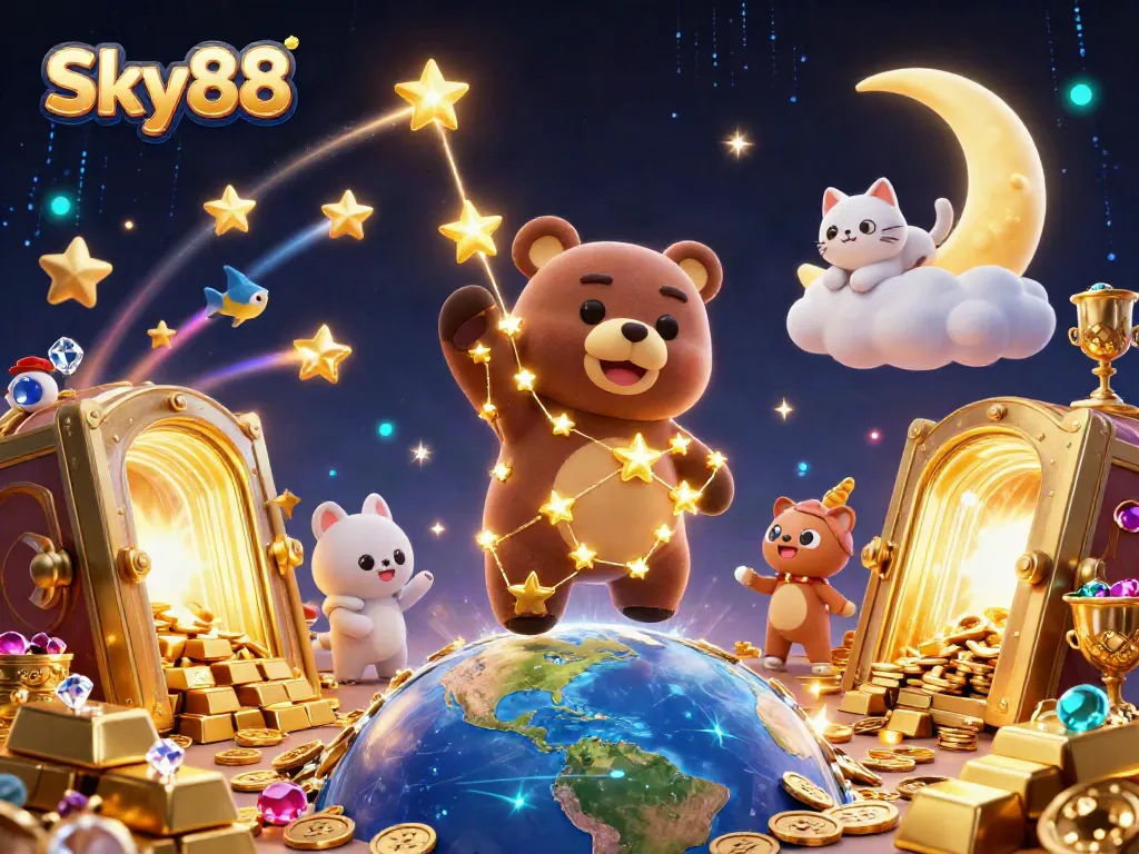 Sky88 constellation bear scoops gold coins surrounded by treasures in magical night sky.