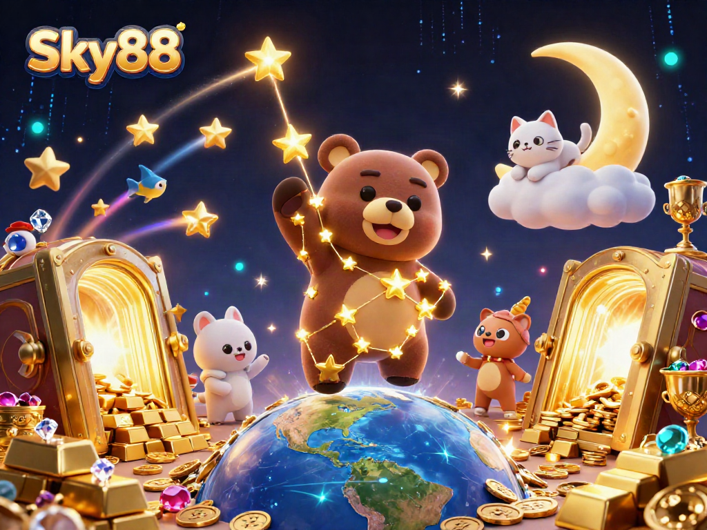 Sky88 constellation bear scoops gold coins surrounded by treasures in magical night sky.