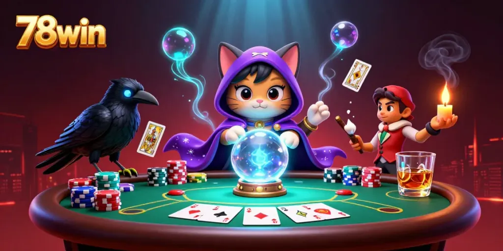 Engage in thrilling poker gameplay with a vibrant 78win-themed illustration featuring mystical characters.