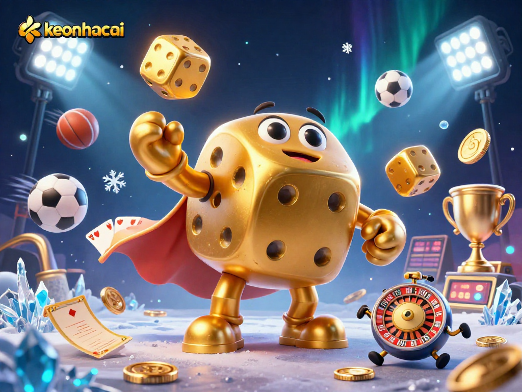 Engage in dynamic betting with keonhacai illustrated by a golden dice golem, sports balls and vibrant action.