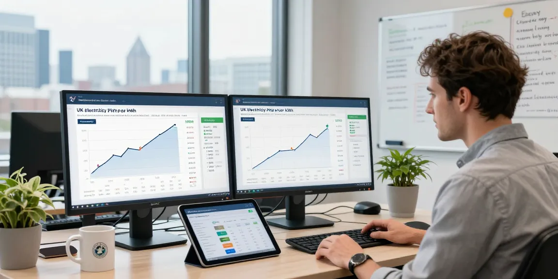 Energy advisor analyzing uk electricity price per kwh april 2026 in a modern consultancy office.