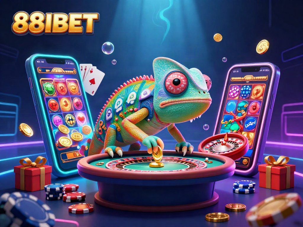 Experience the vibrant and dynamic gaming world of 88IBET with a colorful cartoon chameleon casino owner.