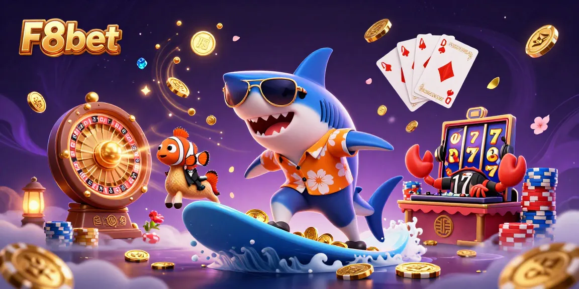 Surfing shark and friends celebrate winning moments at F8bet casino in vibrant 3D illustration.