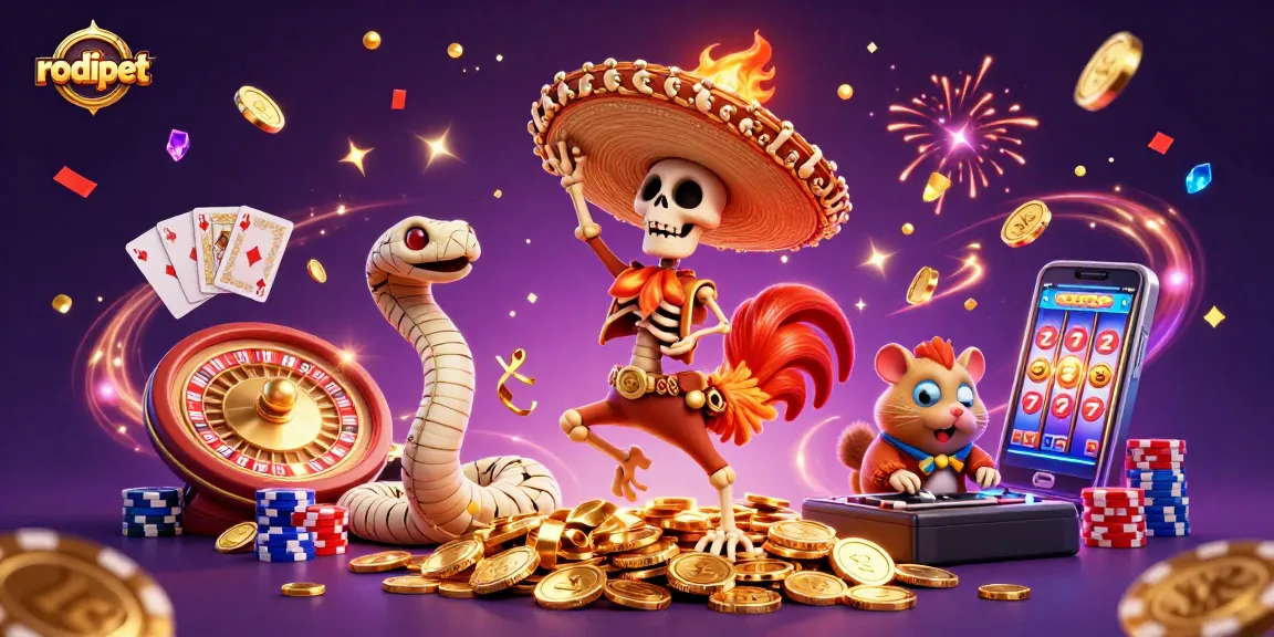 Win big at rodipet with a vibrant casino scene featuring a celebratory rooster and sparkly coins!