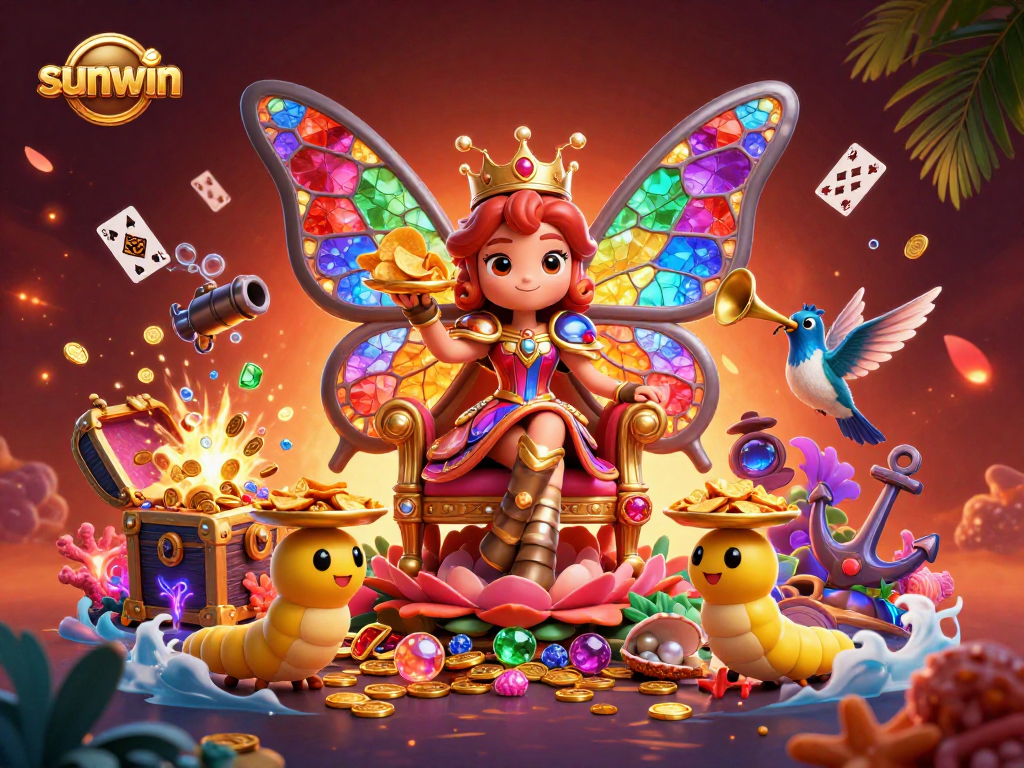 Engage with sunwin in a vibrant 3D casino scene featuring a butterfly queen and colorful game elements.