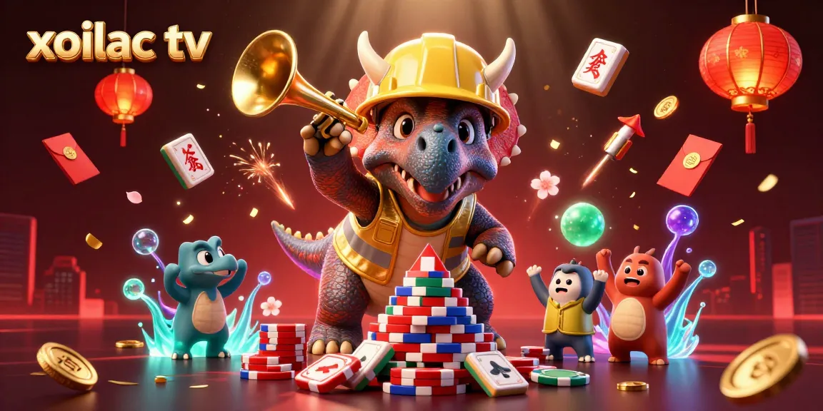 Xoilac TV features a joyful scene with a triceratops and friends celebrating poker chip building in a vibrant casino setting.