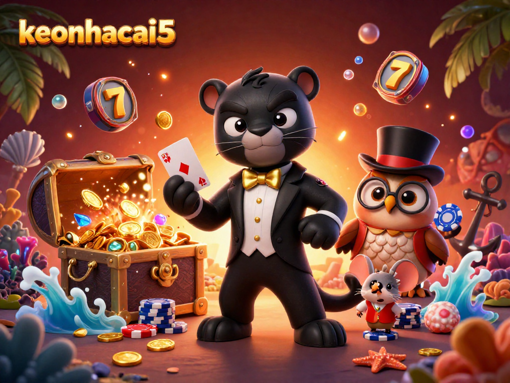 Engage with keonhacai5 in a vibrant casino scene featuring a stylish black panther, owl, and lucky mouse.