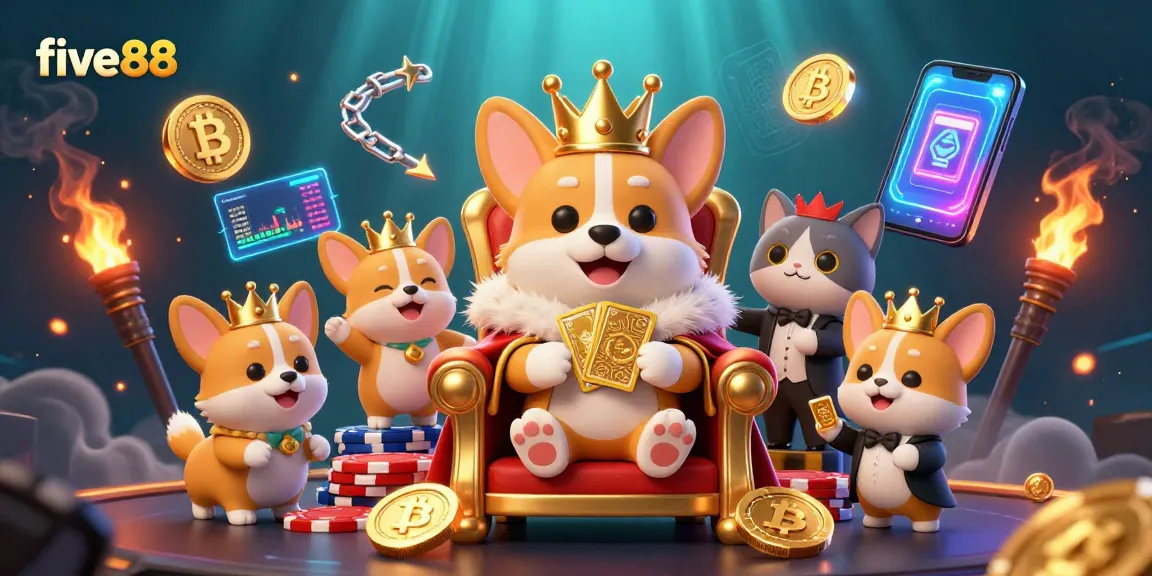 Experience five88's thrilling royal casino scene with a crowned corgi and crypto elements.