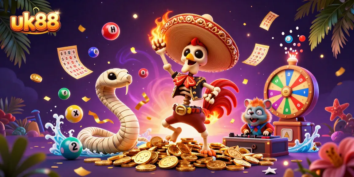 uk88 players winning with a vibrant 3D illustration of a mariachi rooster, mummy snake, and DJ hamster.