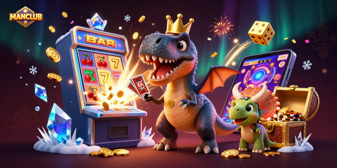 Engage with MANCLUB as a T-Rex shuffles cards while a pterodactyl assists, surrounded by slot machine riches.