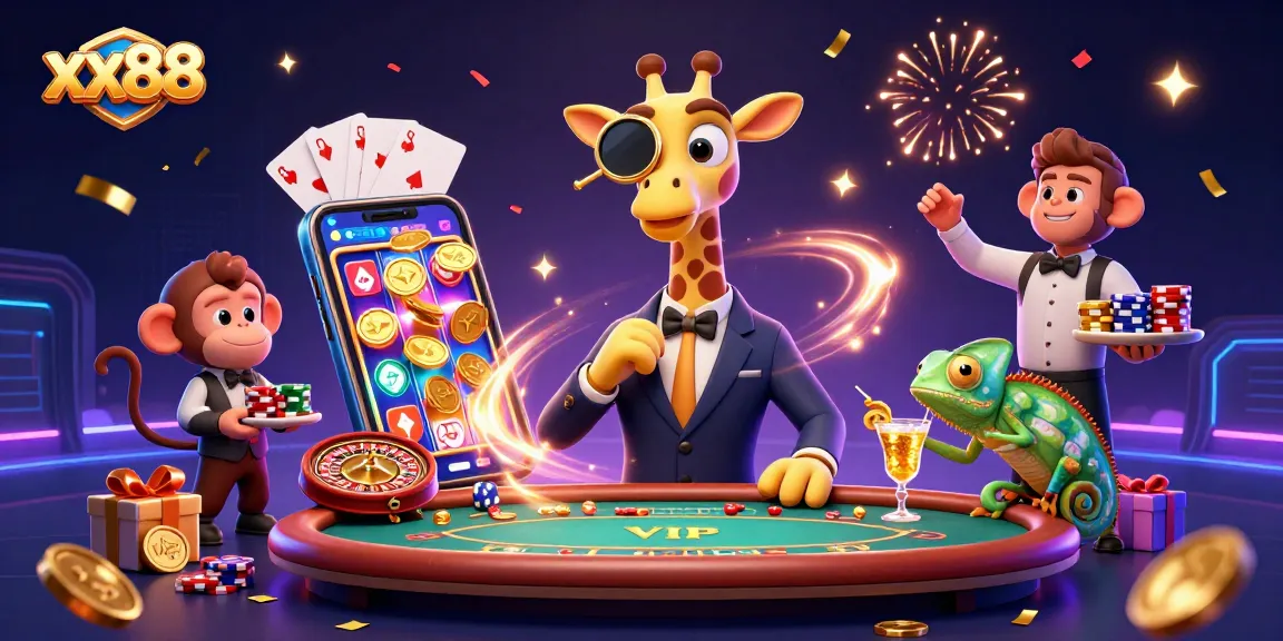 Experience thrilling gaming with xx88's vibrant 3D casino scene featuring interactive elements and characters.