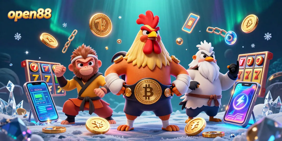 Engaging illustration depicting open88's vibrant casino scene with characters and slot elements.