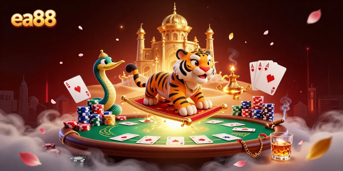 Engage with ea88's thrilling casino action featuring a vibrant 3D scene with a tiger sultan and poker elements.