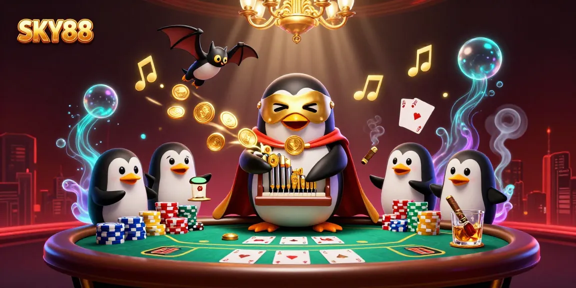 Experience SKY88's thrilling action with a magical penguin and golden coins in a dynamic casino scene.