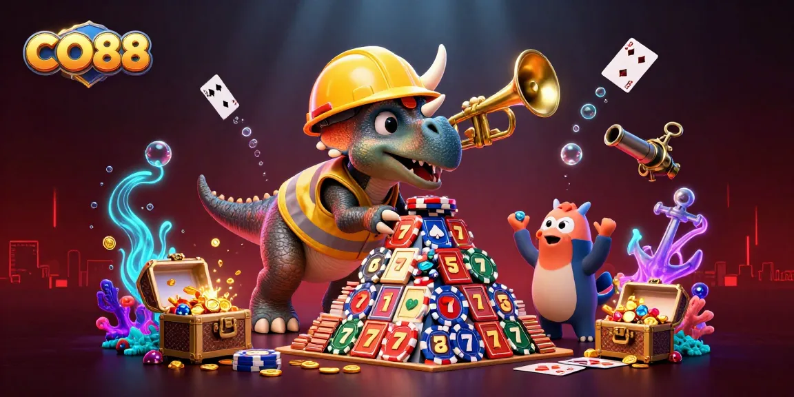 Engage with CO88's vibrant casino adventure amidst dazzling casino elements in a dynamic scene.