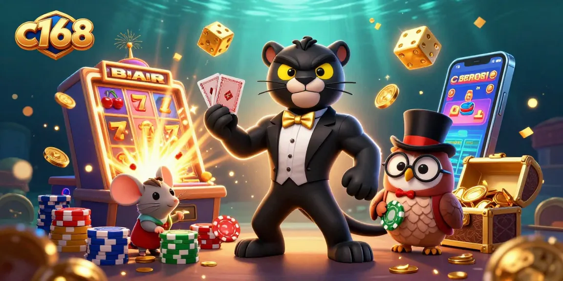 C168 players enjoying a vibrant casino scene with characters and a jackpot explosion in an engaging setting