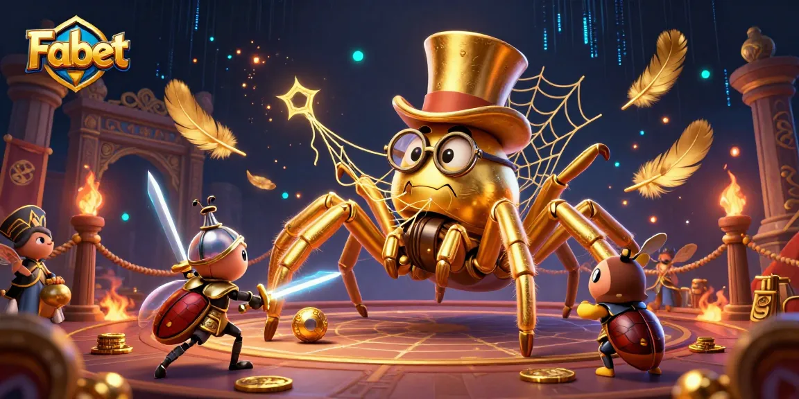 Fabet showcases a thrilling casino scene with a giant tarantula weaving golden webs around beetle knights.