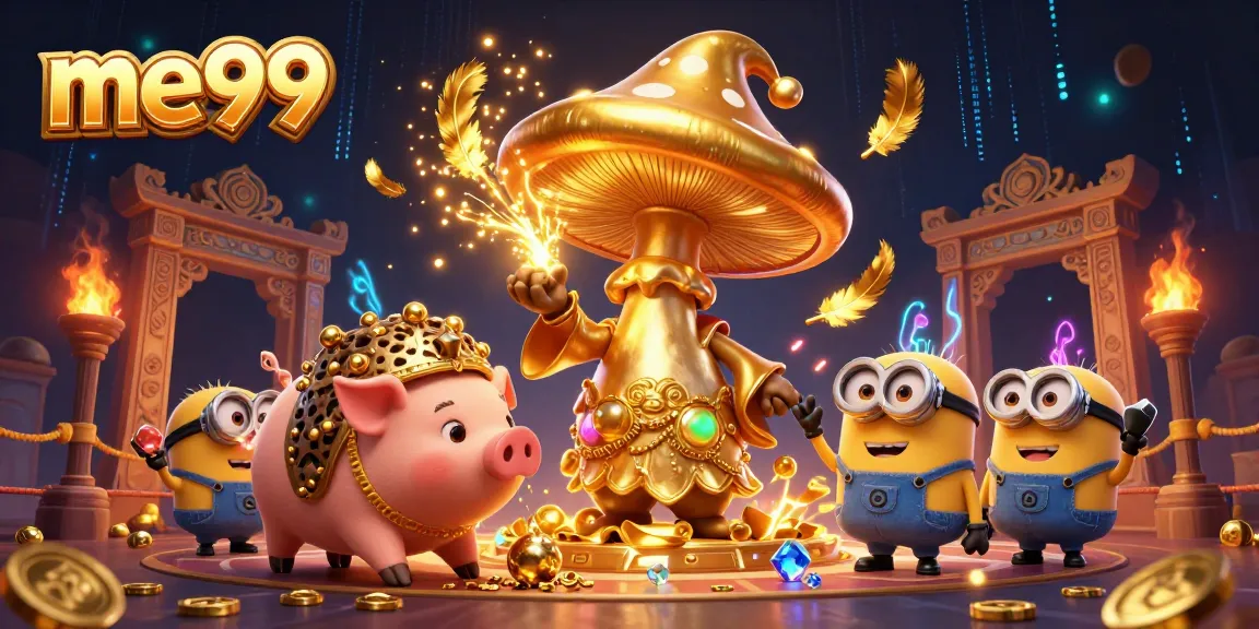 Experience the magic of me99 with our enchanting casino characters surrounded by treasures and game elements.