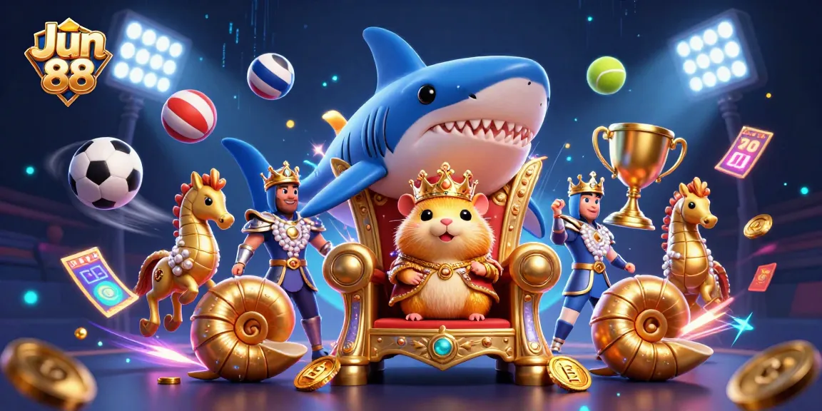 Experience the excitement of Jun 88 with a vibrant 3D illustration of a golden hamster king amidst dynamic sports elements.