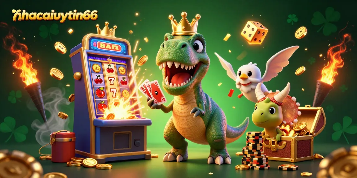 Experience thrilling wins with nhacaiuytin66 as the T-Rex shuffles cards amid a jackpot explosion.