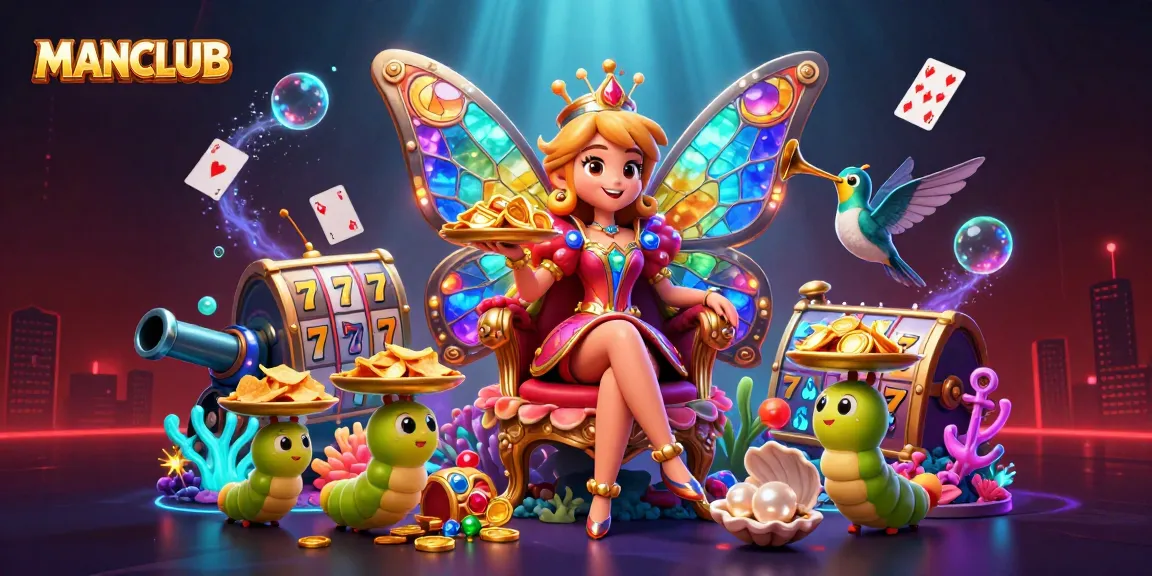 MANCLUB showcases a vibrant gambling scene featuring a whimsical butterfly queen, dynamic slot reels, and shimmering treasures.