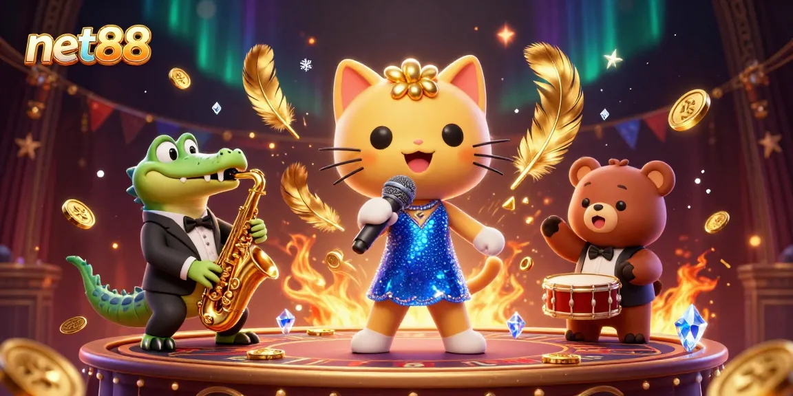 Experience net88's vibrant casino environment featuring whimsical characters performing live.