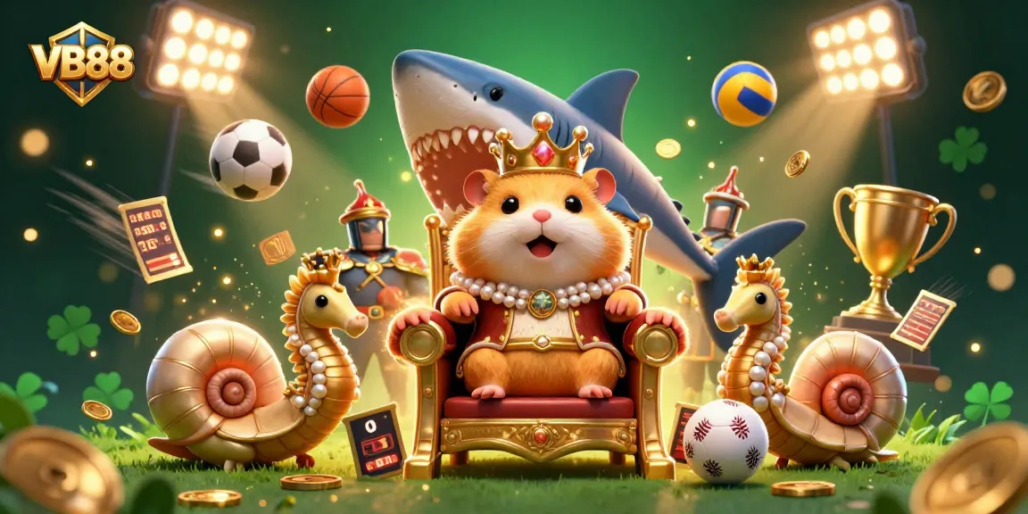 Experience the excitement of VB88 with a golden hamster king and dynamic sports elements in a vibrant casino scene.