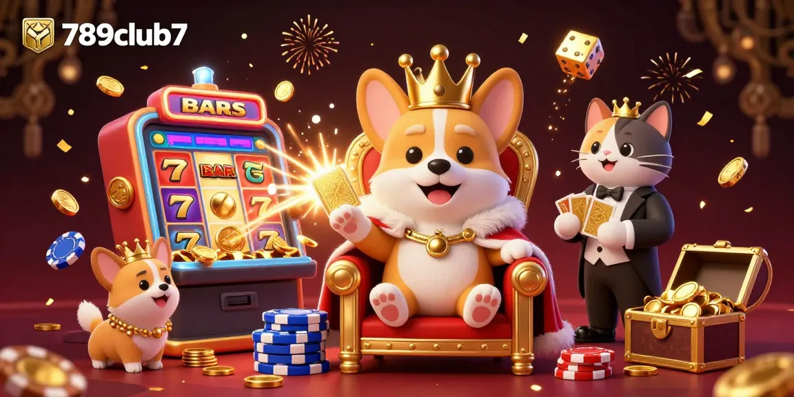 Experience thrilling gameplay at 789club7 with a 3D casino scene featuring slot machines and a royal corgi.