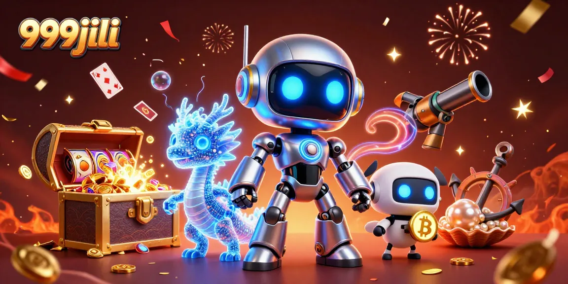 Engage in thrilling games at 999jili with a cyberpunk robot, AI dragon, and bitcoin drone.