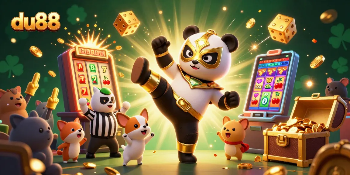 Experience the excitement of du88 as a panda wrestler kicks through coins and jackpots in a colorful casino world.