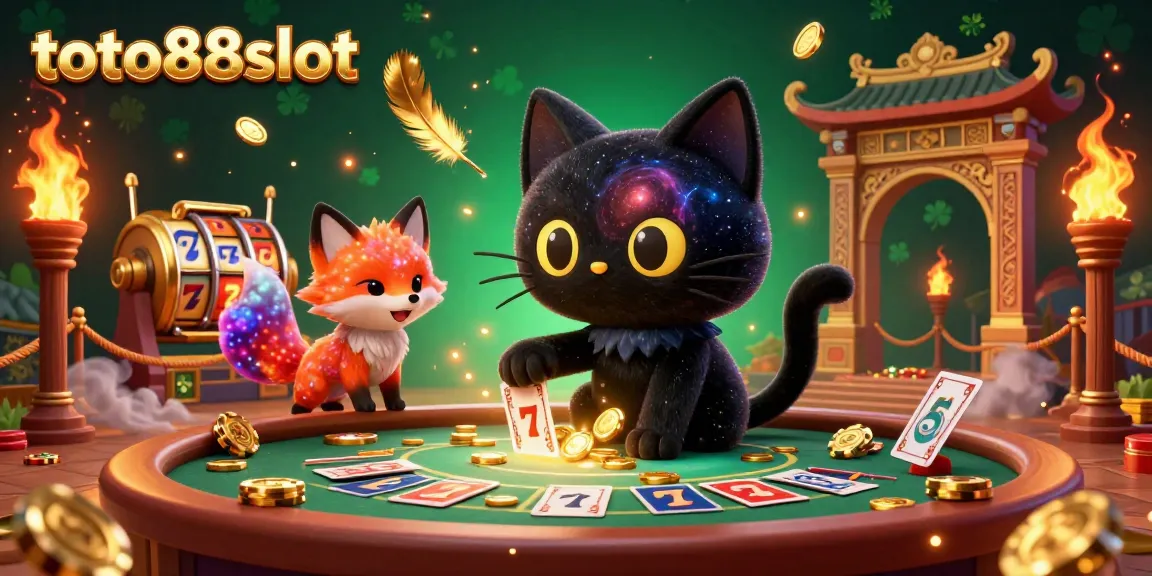 Toto88slot cosmic casino illustration featuring a black hole cat and nebula fox surrounded by vibrant slot game elements.