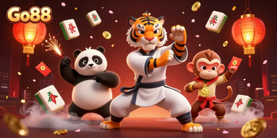 Go88 brings excitement to gamblers, depicting a vibrant 3D illustration of characters celebrating with golden rewards in a casino scene.