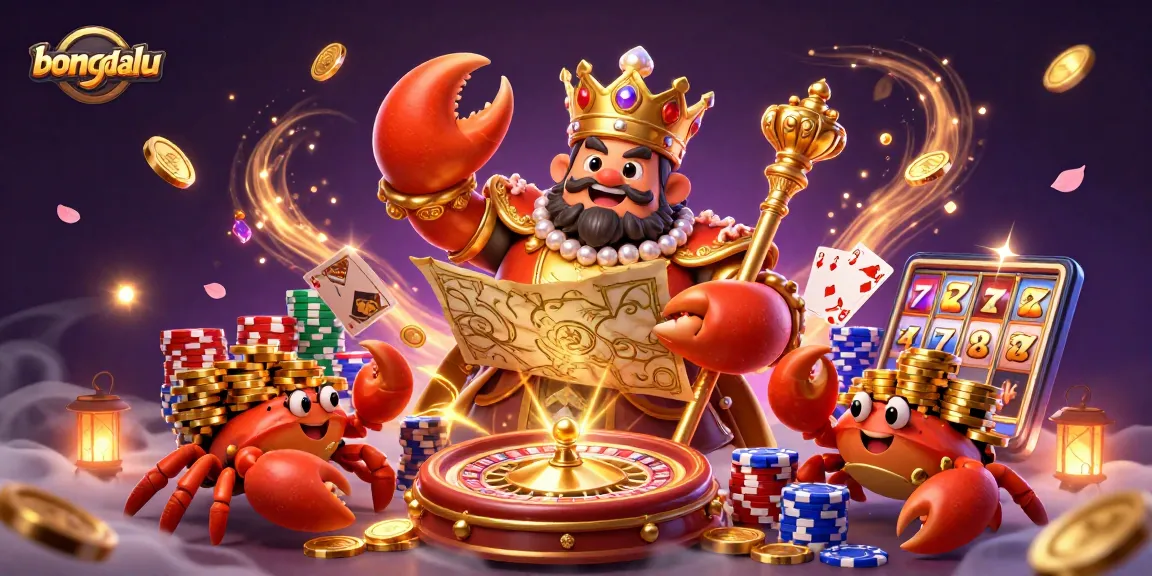 Bongdalu engaging illustration showing a golden crab emperor leading a treasure hunt in a vibrant casino setting.