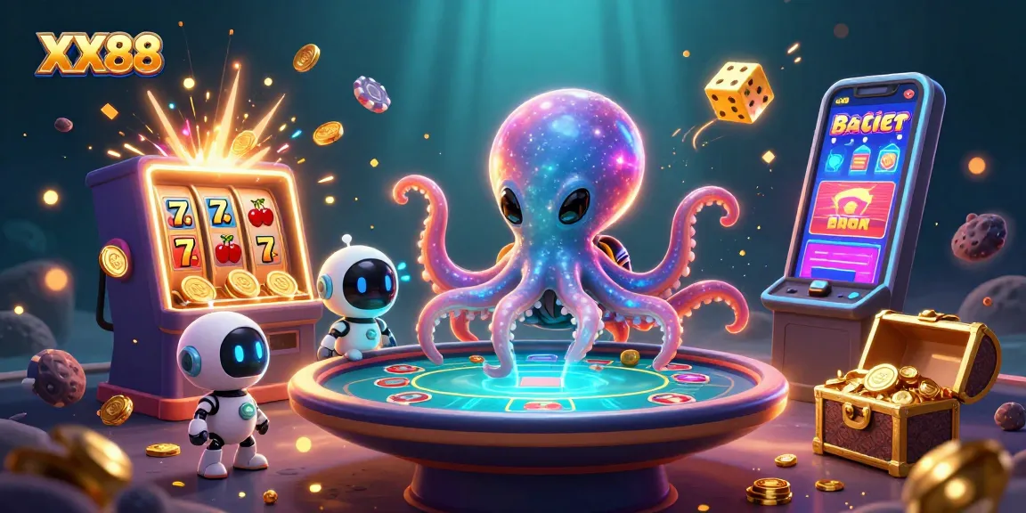 Experience thrilling gameplay at XX88 with an alien octopus running a holographic poker table and huge slot machine action.