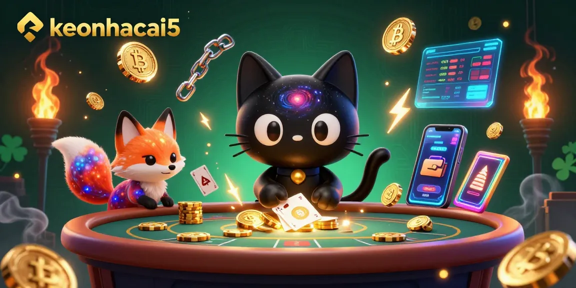 Experience the magic of keonhacai5 with a cosmic casino cat and vibrant cryptocurrency elements, enhancing your gaming adventure.