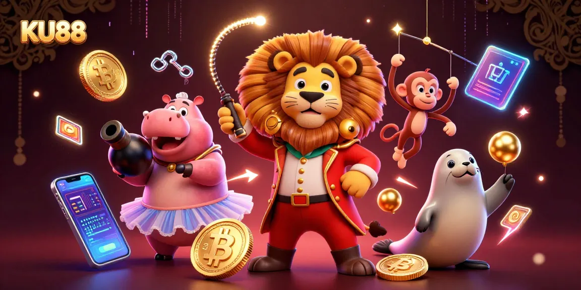Engage with KU88's vibrant casino energy in a dazzling 3D illustration of characters and crypto elements.