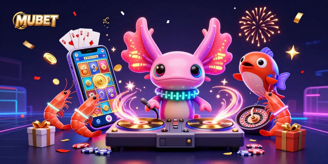 MUBET showcases a colorful casino scene with an axolotl DJ, shrimp dancers, and dynamic slot game elements.