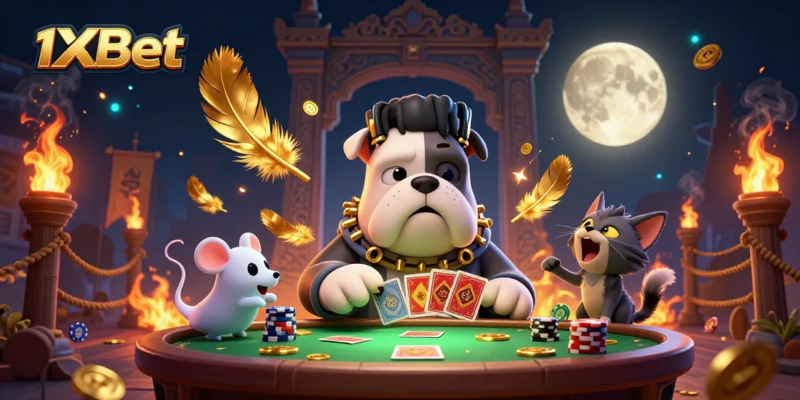 1xbet enhances gaming with a spooky scene featuring a Frankenstein bulldog and ghostly elements at a casino table.